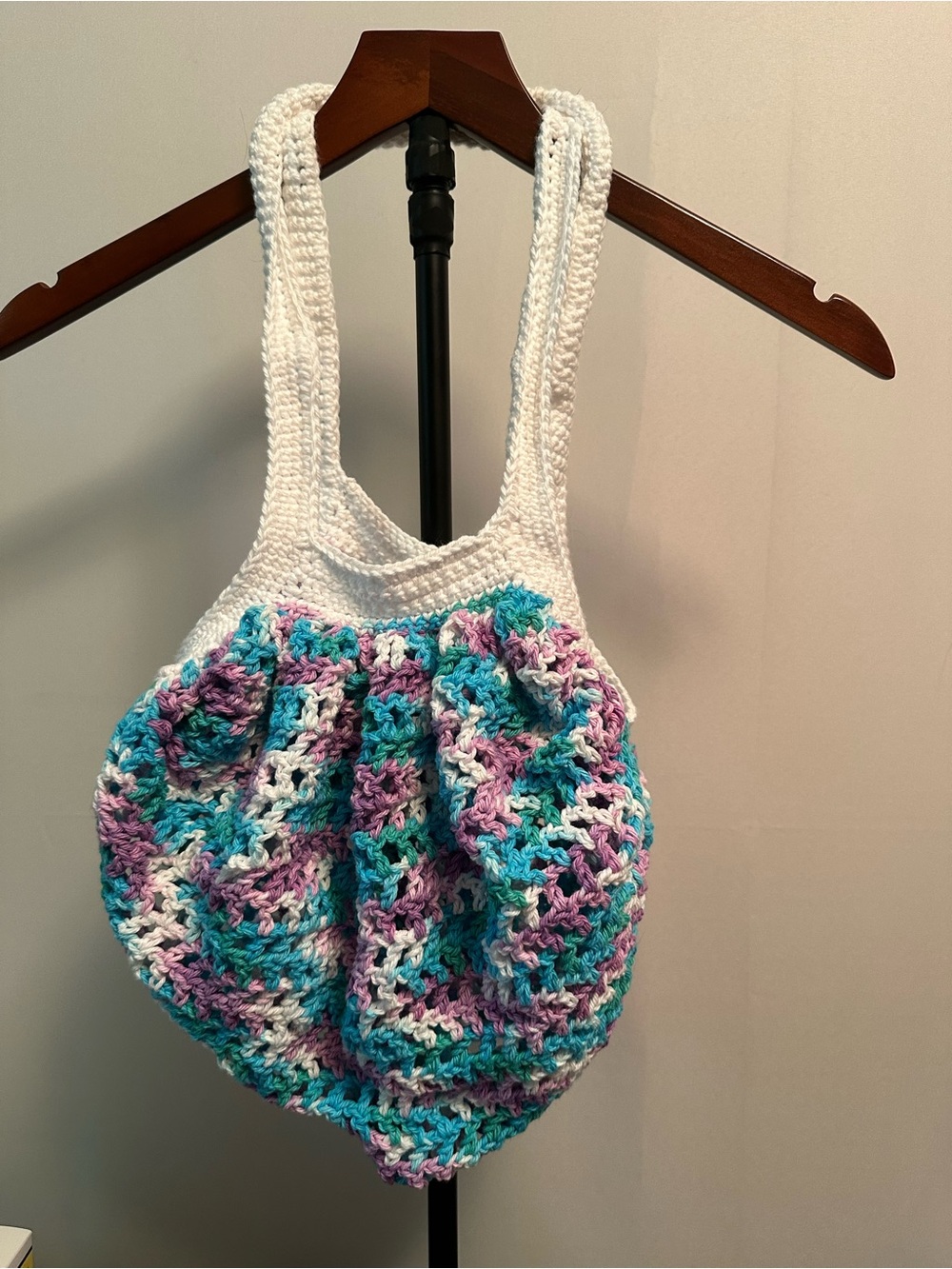 Hand Crafted White Strap Crochet Tote with Teal and Purple Mix